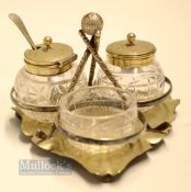 Attractive silver plated and glass golfing cruet set - featuring crossed golf clubs, guttie golf