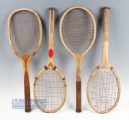 4 Early Wooden tennis Rackets, all with convex & concave wedges plus regular handles d, to include
