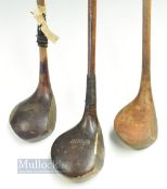 3x assorted socket neck woods - Spalding Model EE deep faced light stained dog wood brassie, G