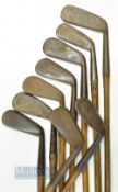 9x assorted golfing irons - mainly cleeks, long irons, mid irons and mashies - makers incl Spalding,