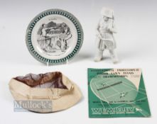 French Humours Le Tennis Printed Plate and a German Bisque girl tennis figure, the plate Le Tennis