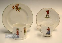 3x 20thc Golfing related bone china/ceramic items - delicate cup and saucer with hand painted period