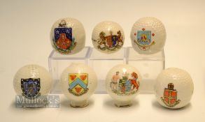 Collection of Ceramic Crested Ware Bramble Pattern Golf Balls (7): 2x mounted on golf tee style