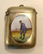 Late Vic. Silver Plate and Enamel Vesta Case - with enamel figure of golfer on the obverse with