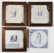 4x Early Dutch Delft Kolf/Golf Hand Painted Tiles c1700s - one has been restored, another has corner