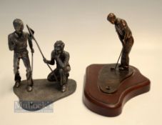 2x Modern Signed Golfing Putting Scenes figures - one by C Gilson of a player putting out signed