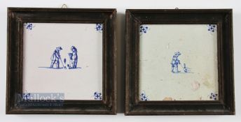 2x Early Dutch Delft Kolf/Golf Tiles c1700/1800s - both ceramic tiles are hand painted, decorated