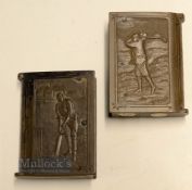 2x Scarce Golfing/Cricket Vulcanite Vesta Cases - faux book with embossed panel of Vic Golfer in
