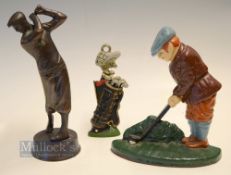 3x Metal Golfing Figures - Replica Cast Iron Door Stopper, replica 1930s bronze style golfer (