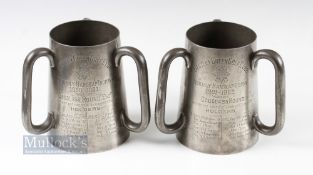 2x early 1900 Bentley Green Golf Club Winners Pewter Quart Size Tyg Tankards - both with glass