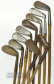 10x assorted irons incl Hendry & Bishop mussel back jigger, Tom Stewart mashie, Winton flanged