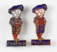 2x early Penfold men Enamel Golfing Figure Pin Badges - both stamped on the back H W Miller Ltd