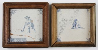 2x Early Dutch Delft Kolf/Golf Hand painted tiles c17thc - both with cracks -both mounted in