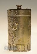 Fine American Evans & Co silver plated golfing spirit flask c1930 - the front panel embossed with