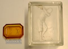 Late 1920s Glass Trinket box with intaglio cut style figure of a golfer to the lid - 3x minor