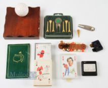 Golf Ball Paperweight on wooden base plus leather bobbin tee holder, Prestwick Golf Club divot