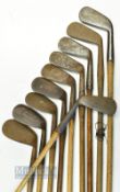 10x various irons incl Gourlay mashie, Nicol mussel back mashie, diamond back niblick, large head