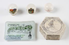 Crested Ware Golf ball, St Andrews Whyte & Mackay's glass pin dish (small chip to it) and resin cock