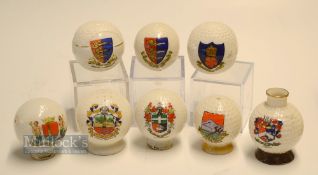 Collection of Ceramic Crested Ware Bramble and Dimple Pattern Golf Balls (8): 5x mounted on golf tee