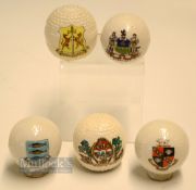 Collection of Ceramic Crested Ware Bramble Pattern Golf Balls (5): 2x mounted on golf tee style