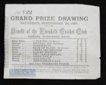 1885 Cricket Draw Ticket in benefit for the Edenfield Cricket Club date 26 September with First