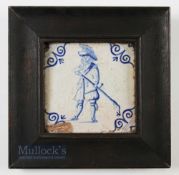 Very Early Dutch Delft Kolf/Golf Tile c17thc - the glazed tile has Ox head corners, and the design