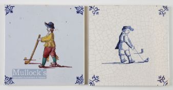 2x 20thc Dutch Delft Kolf/Golf Tiles - including a hand coloured tile (unused) and a used blue and