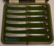 Fine set of 6x Geo. V Silver golf club handle butter knives - hallmarked Sheffield 1910/11 to both