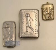3x Interesting Decorative Period Golf Alloy Vesta Cases and Cigarette/Business Card Box c1900 - 2x