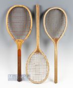 3 Junior Wooden Tennis Rackets, to include 2 Boy rackets both with square handles missing butt