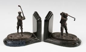 Pair of Bronze Golf Book ends marked 'G Reese 05' with two matching golfing figures, on marble base,