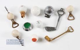 Golf and Golf Ball bottle openers features a Dunlop 65 cork stopper, corkscrews, golf club bottle