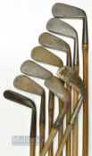 9x assorted irons incl Spalding mid iron, round back lofting iron, LMB Gem putter together with