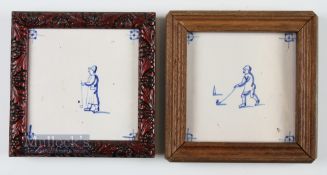 2x Early Dutch Delft Kolf/Golf Hand painted tiles c19thc - both mounted in different wooden frames