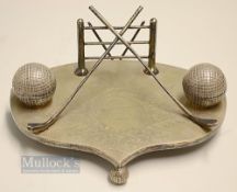 Very early 1887 fine detailed Silver Plated Golfing Writing Desk Inkwell Stand - with stunning