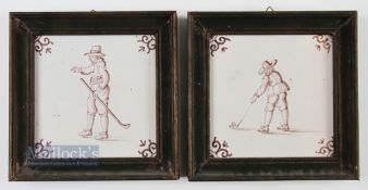 2x Late Dutch Delft Kolf/Golf Hand Painted Tiles - depicting two 17thc players - stamped on the back