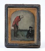 Vic Coloured Ambrotype Photograph of Gentleman golfer and his boy caddie c1860 - showing a Vic