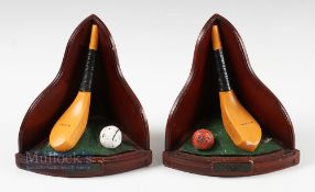 Pair of Longnose Golf Club and Early Golf Ball Book Ends features a H Philp and feathery ball, the