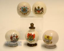 Collection of Ceramic Crested Ware Bramble Pattern Golf Balls (5): 3x mounted on golf tee style