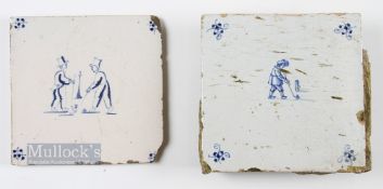 2x Early 18thc Dutch Delft Kolf/Golf hand coloured tiles - one removed from a fireplace surround