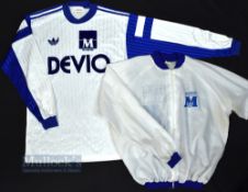 1989/90 Montpellier Home Football Shirt Adidas, Deviq, size L 42/44, in white and blue, long sleeve,