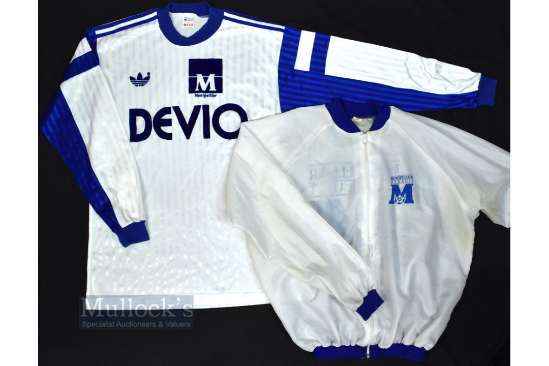 1989/90 Montpellier Home Football Shirt Adidas, Deviq, size L 42/44, in white and blue, long sleeve, - Image 1 of 3