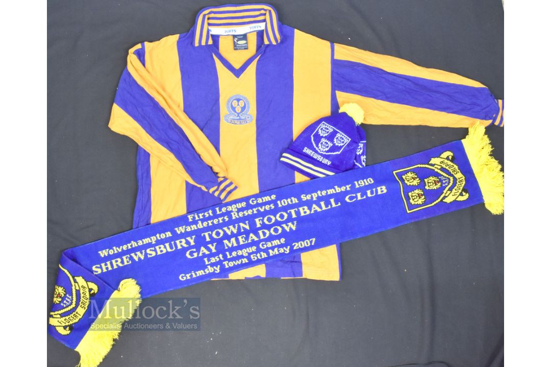 Retro 1980s Shrewsbury Town Home Football Shirt size L, long sleeve, blue and amber, together with a