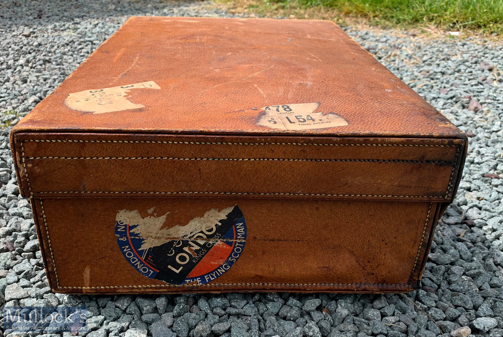 1930s Leather Suitcase with Partial Railway Labels incl Flying Scotsman from Kings Cross and a few - Image 2 of 3