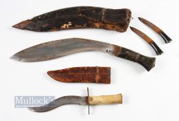 Vintage Kukri Knife Dagger with horn handle with 2 smaller knifes in poor scabbard, together with an