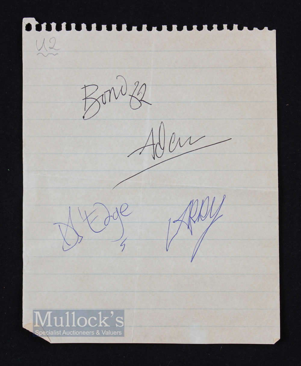 U2 Bono, The Edge, Larry, Adam Signed Paper Irish Rock Band Signatures, an aged piece of paper