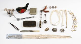 Mixed Selection of Collectibles inc 3x white metal thimbles, silver plated spoon, 5 strings of