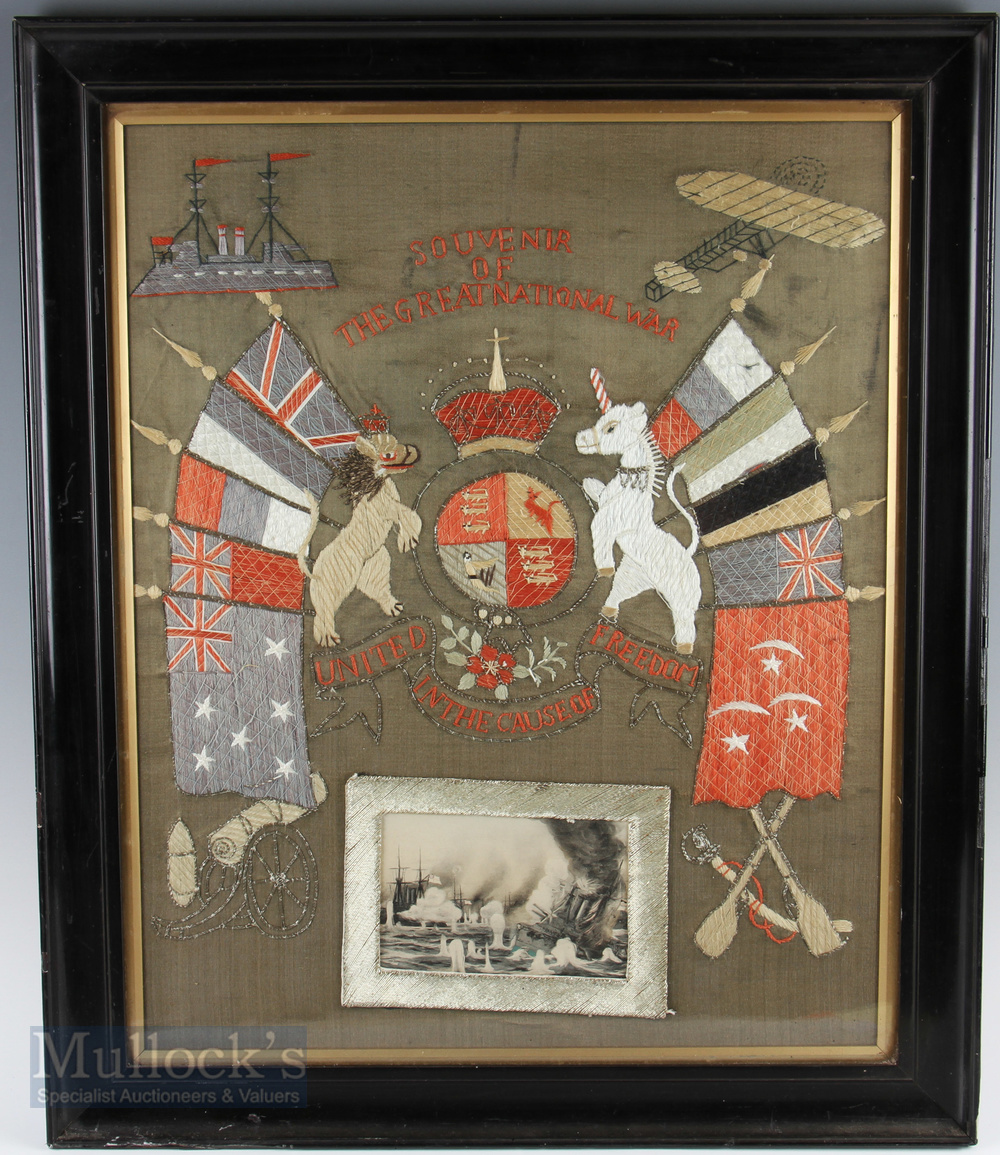 WWI Military - Period Wool Work Display depicting allied flags to the centre with ship, plane, canon