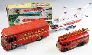 3x Tin plate toy Vehicle lot - to include a 1960s boxed Helicopter Flying Bus - battery operated toy