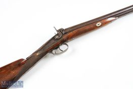 Unnamed Double Barrel Percussion Shotgun with dolphin hammers, chequered stock and engraved